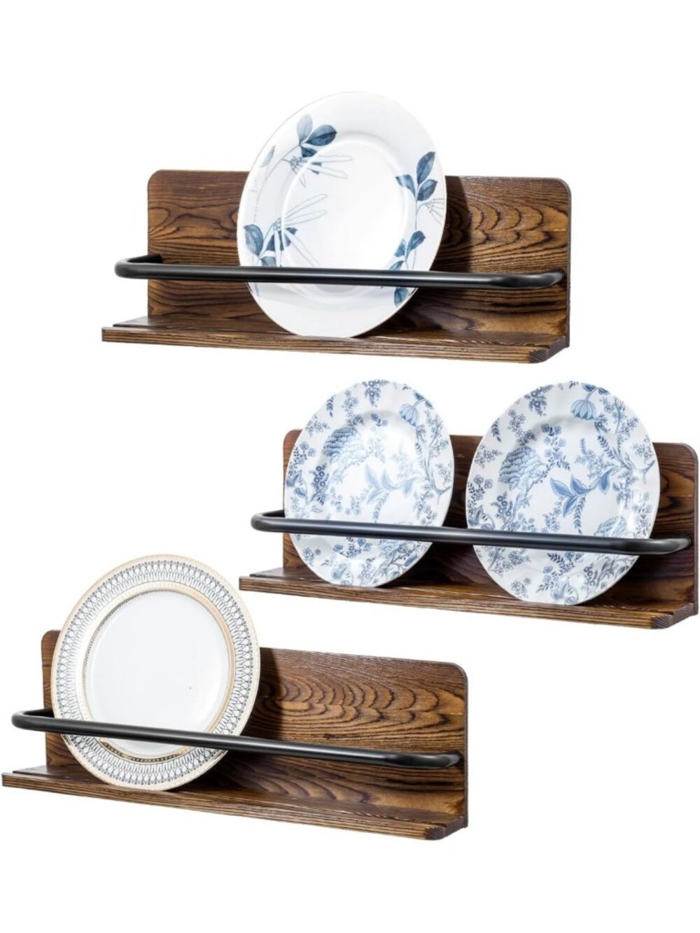 Set of 3 Decorative Wall Plate Hangers - Wood & Metal Rack for 6-10 Inch Plates
